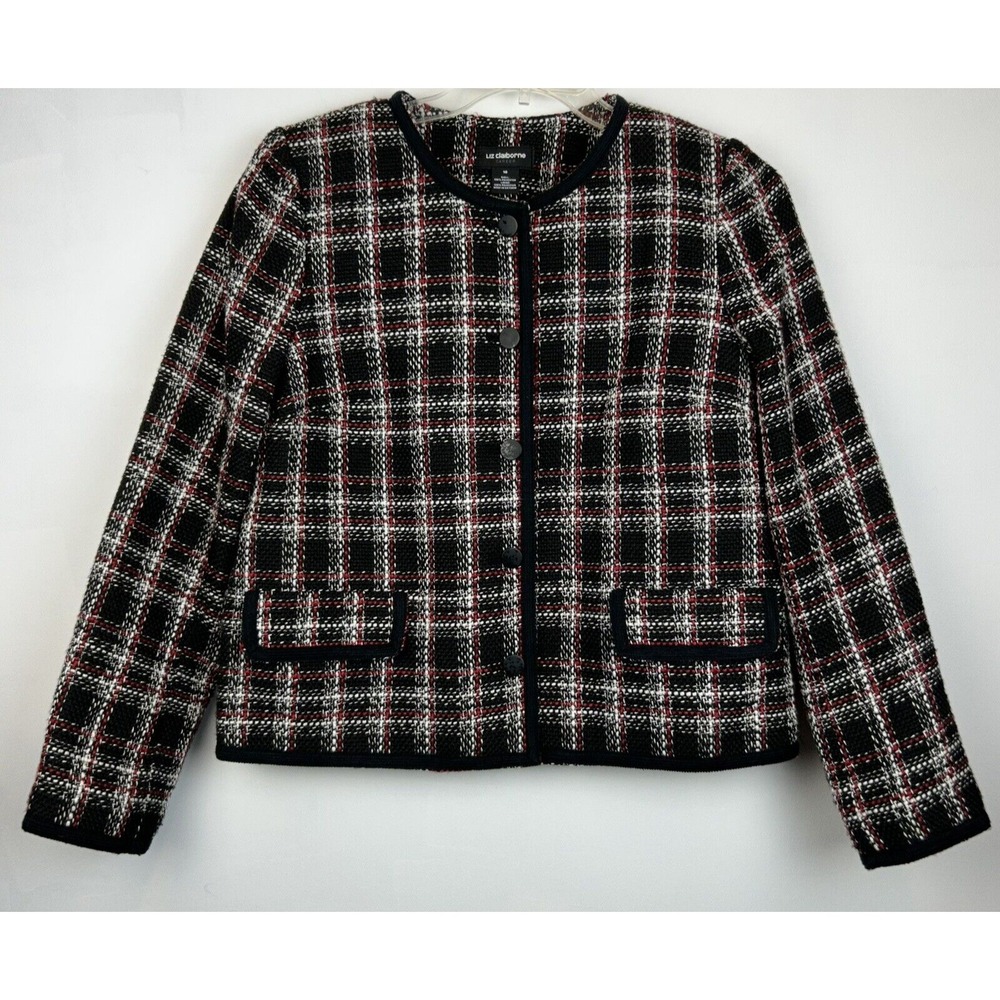 Lady Jacket Blazer Womens 10 Tweed Plaid Jacket Black Red Button Crop Old Money